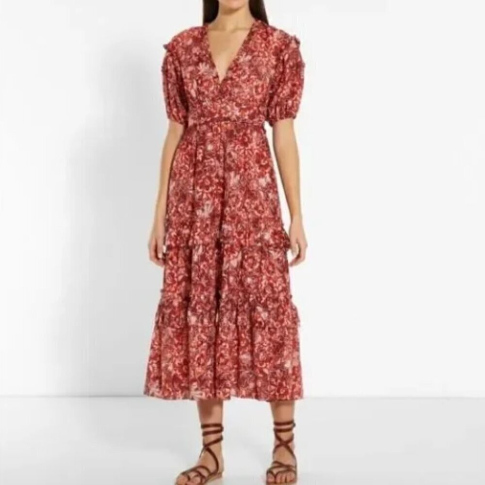 Ulla Johnson Amora‎ Floral V Neck Midi Dress Size 0
